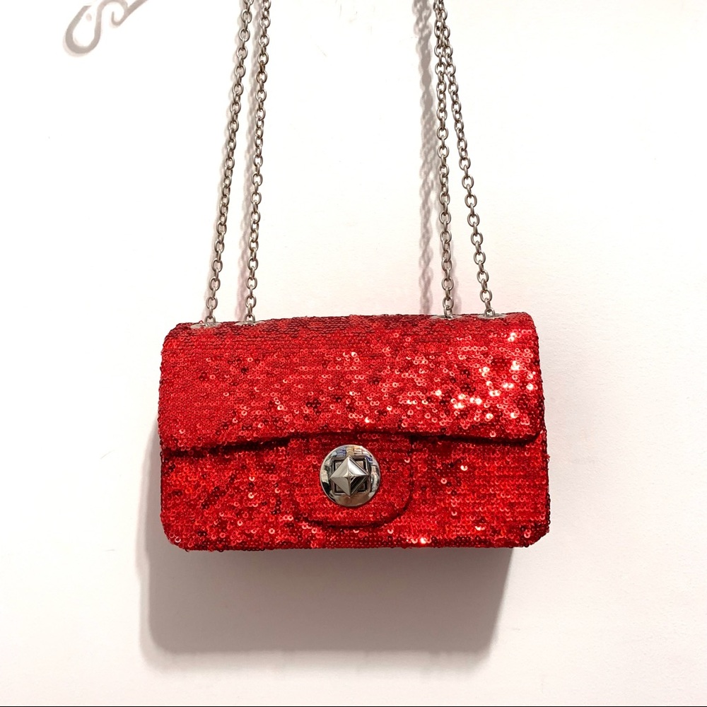 Vintage Red Sequin Mini Bag Silver Chain Purse - Picture 2 of 13